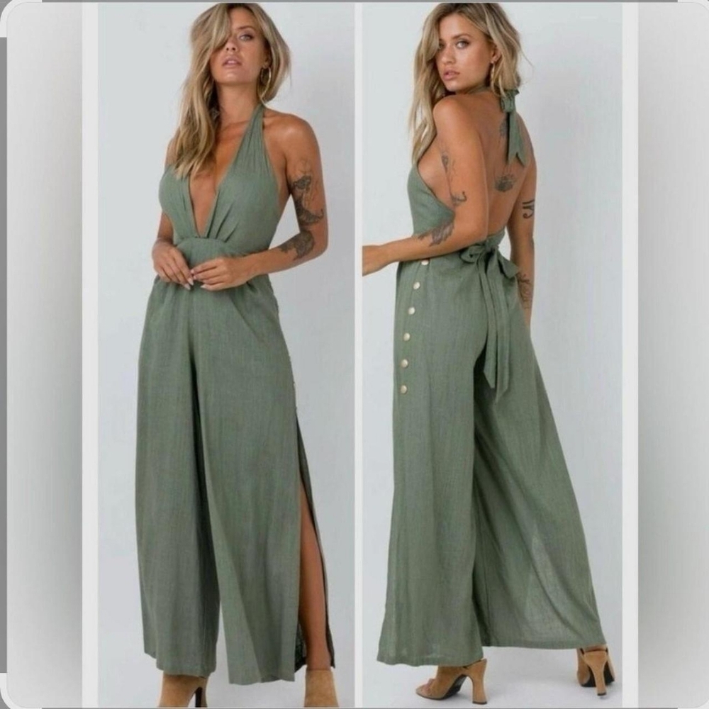 Polly Green Halter Jumpsuit with Deep V-Neck |Size 4